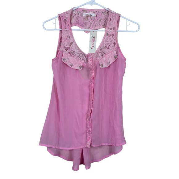 NEW Naranka Coquette Floral Lace Sheer Pink Sparkly Bow Accent Top Sz Small - Picture 1 of 7
